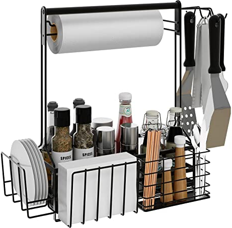 BBQ and Grill Caddy with Paper Towel Holder, Iron Steel Handle & 4 Hooks – Camper Accessories Condiment Caddy – Plates, Cutlery and BBQ Organizer for Camping Outdoor Grilling Tool Accessories