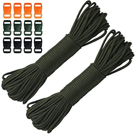 60M 550lb Paracord Rope 4mm Heavy Duty 7 Strand Nylon Cord Tent Rope Cord with 12 Plastic Buckles for Camping Hand Crafting (Army Green, 4mm * 60M)