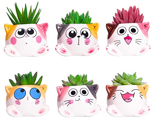 YINUOWEI Lot de 6 pots de fleurs mignons pour plantes grasses avec drainage en forme de chat pour plantes d'intérieur 8,6 cm pour petits animaux, mini pots de fleurs en céramique, motif dessin animé,