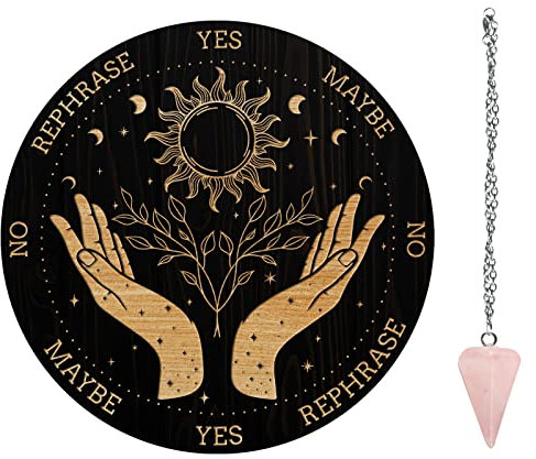 AHANDMAKER 7.8 Hexen-Pendelbrett, Hand-Setzling-Sonne Aus Holz Wünschelruten-Planchette Mit Rosenquarz-Kristall-Wünschenpendeln Hexerei-Wahrsagung-Werkzeuge Für Geister-Altar-Dekoration