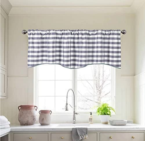 Trayosin 2er Set Kariert Scheibengardine, Landhausstil Bistrogardine, Kurztores Gaze Fensterschal Bistrogardinen für Wohnzimmer Schlafzimmer Heim Dekoration Gardinen 132x46cm (Grau)