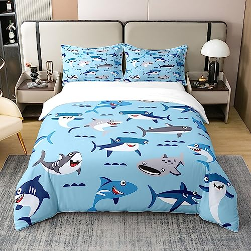 jejeloiu Haifisch-Bettbezug, 100 % Baumwolle, volle Größe, Ozean, Meerestier, Bettwäsche, 100 % Baumwolle, Set für Kinder, Jungen, Mädchen, Teenager, Raumdekoration, Meer, Unterwasserwelt,