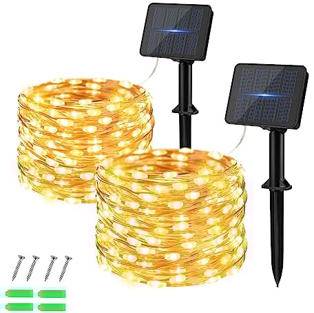 Dalugo [2 pezzi Catena luminosa solare per esterni, 50 LED da 5 m, luce bianca calda, per esterni, resistente alle intemperie, filo di rame, per giardino, terrazza, cortile, albero, festa