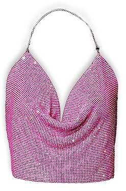 Inzegao Top corto da donna in metallo con strass glitterati e catena per il corpo, canotta con scollo a V e schiena scoperta, Rosa, L