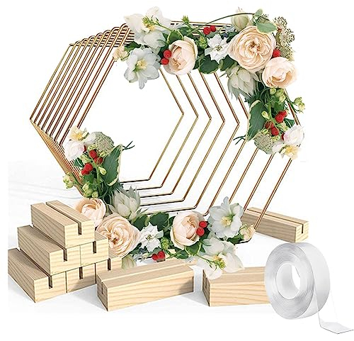 Toothbace Metallringe zum Basteln, 10 Stück Hexagon Metallring, 20cm Metallring mit Fuß, Metall Deko Ringe mit Holzständer für DIY Handwerk Hochzeit Party Tischschmuck