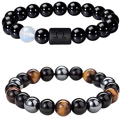 Caimeytie Lot de 2 Bracelets pour Homme réglables en Perles élastiques Constellation Signes du Zodiaque Porte-Bonheur 21,5 cm
