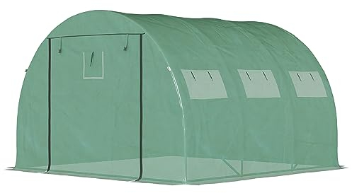 Outsunny Serre de Jardin Serre Tunnel 9 m² Acier renforcé Ø 2,5 cm + PE Haute densité 140 g/m² Fenêtres Porte Enroulable Vert