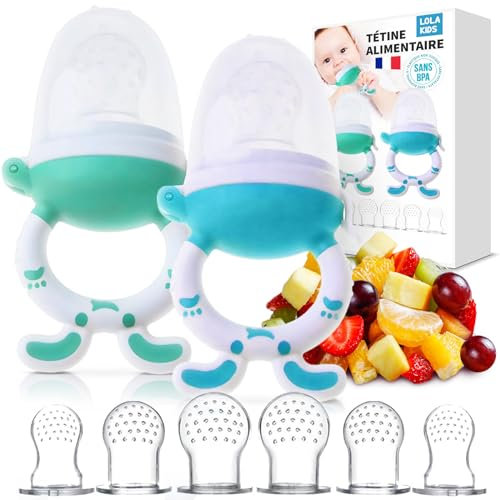 Lola Kids Grignoteuse Bébé - Lot de 2 Tétine Grignoteuses Bébé sans BPA - Inclus 8 Tetines Evolutives - Sucette Fruit en Silicone Alimentaire - Tétine Dentition - Idéal Diversification Alimentaire