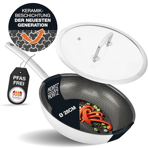 Moritz & Moritz Edelstahlpfanne mit Deckel 28cm und Keramikbeschichtung der neuesten Generation - für alle Herdarten geeignet - Antihaft Pfanne Wabenstruktur zum Kochen, Braten und Schmoren
