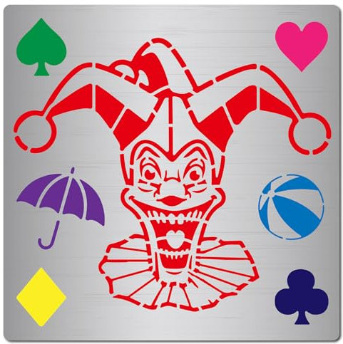 GORGECRAFT 16x16cm Clown-Metallschablonen Joker-Gesicht Regenschirm Clown Spielkarte Volleyball Edelstahl-Vorlage Kuchenornamente Für Holzverbrennung Gravur Basteln Scrapbook-Kunst Verzierte Party