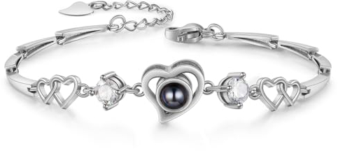 ALBERTBAND Personalisierte Projektion Armband Foto Armband mit Bild Rostfreier Stahl Personalisierte Geschenke für Damen, Mädchen, Freundinnen, Ehefrauen, Großmütter, Paare (Herz-Silber)