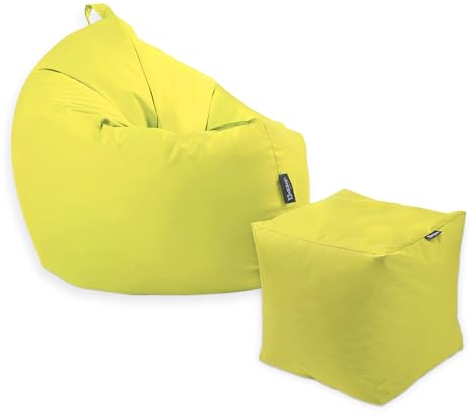 Premium 2-in-1 Sitzsack mit Füllung | Fußhocker | für Kinder & Erwachsene | Outdoor & Indoor | Sitzkissen | Bodenkissen | Wasser- & schmutzabweisend + Sitzpouf 35x35x35cm (Gelb, 145 CM + Sitzspouf)