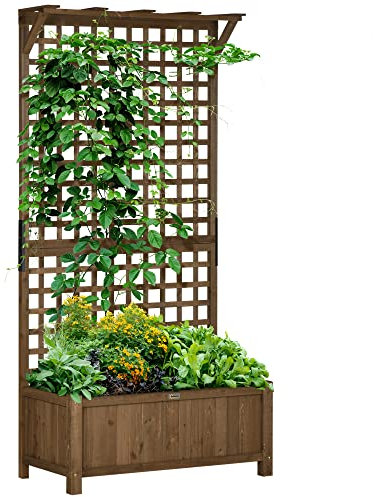Outsunny Jardinera con Enrejado de Madera Macetero de Jardín con Soporte para Trepadora Cultivo de Plantas Flores Jardinera con Celosía para Exterior Patio Terraza 90x45x183 cm Marrón