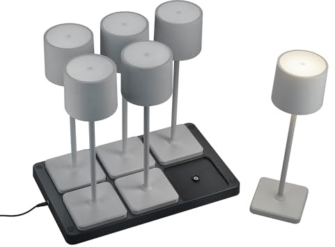 Reality Leuchten LED Akku Außen Tischleuchten Set Fernandez R54096677, 6x Akku Tischleuchten mit 6er-Ladestation, Metall/Kunststoff Grau je 1.5 Watt LED