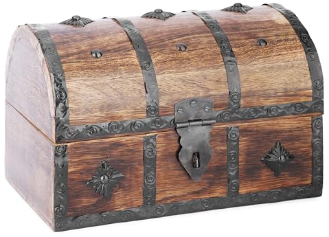 Ajuny Coffre à Bijoux Pirate en Bois – Organiseur de Souvenirs Vintage Artisanal avec Bandes de Coquillages pour Colliers Boucles D'oreilles et Bibelots Coffret Cadeau 9 x 6 Pouces