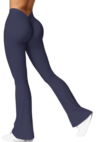 YEOREO Damen Flared Leggings V Back Taille Scrunch Workout Leggings High Waisted Butt Lifting Nahtlose Gym Yoga Schlaghose Leggings Marineblau XS