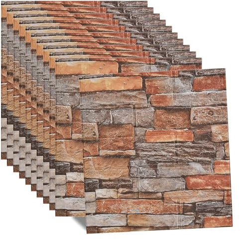 3D Wandpaneele Selbstklebend 10 Stück Ziegel Tapeten Steinoptik 35x 38.5 cm Steintapete Wandaufkleber Wasserdicht Wandtapete Klebetapete für Küche Schlafzimmer Badezimmer Wohnzimmer (Rock rot)