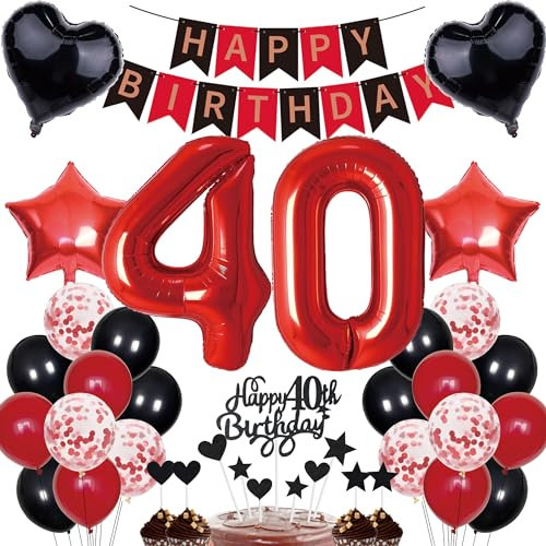 40. Geburtstag Dekorationen für Mann und Frauen - Geschenk, Tortendeko, Happy Birthday Banner, Rot-Schwarz Deko Set, Zahl 40 Party Ballons