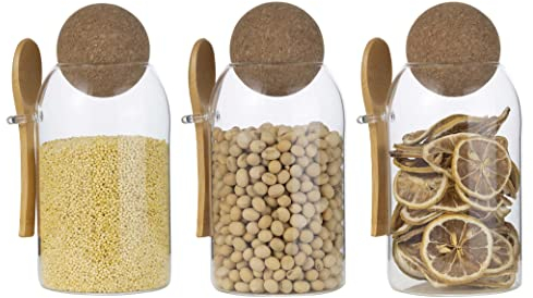 Eden & Willow Clear Glass Kitchen Jar with Cork Ball Lid and Bamboo Spoon | BPA-Free Mason Canister for Coffee, Beans, Spices, Dry Foods (Set of 3, 0.8L)