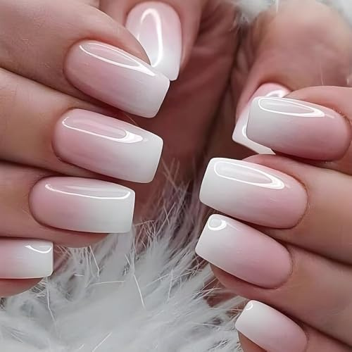 24 Stück pinkfarbene, mittelgroße, quadratische künstliche Fingernägel mit natürlichem Ombré-Design, vollflächiger Farbverlauf, glänzende Acryl-Nägel für die Maniküre