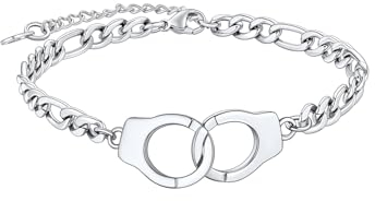 FaithHeart Fußkette für Damen, Edelstahl Figarokette Fusskettchen,Silber Fußkette 6mm 22cm lang, Sommer Schmuck mit Handschellen für Freundin Ehefrau