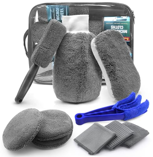 HOVIBU Kit Limpieza Coche, 10 Piezas Limpieza Coche para Interior y Exterior, Kit de Lavado de Autos con Mitón de Microfibra, Toalla de Lavado de Autos, Cepillo para Llantas