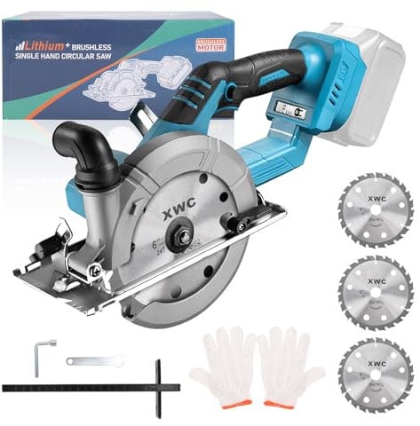 Cordless Circular Saw, 6 inch Battery Circular Saw for Makita 18V Battery, 6800Rpm Brushless Circular Saw with 3 Saw Blades, 0-45° Bevel, 57mm Depth, for Wood Plastic Tile Cut (Tool Only) (Circular)