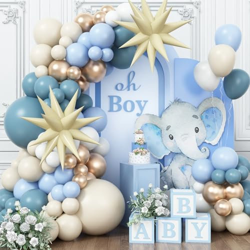 Dusty Blue and Gold Balloons Arch Kit with Beige Star Balloon, Baby Shower Balloons Garland Slate Blue Cream White Champagne Gold balloon for Boho Boy Birthday Party Wedding Bridal Shower Decorations