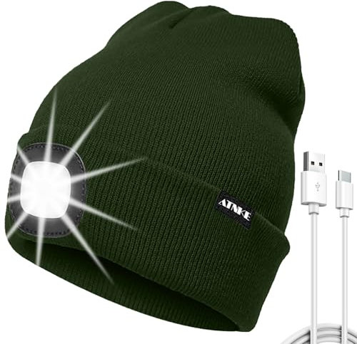 ATNKE LED Mütze mit Licht, USB Typ C Wiederaufladbare 4 LED Beleuchtete Laufmütze Extrem Heller Lampe Winter Warme Stricken Mütze für Herren und Damen Geschenke/Dark Army Green