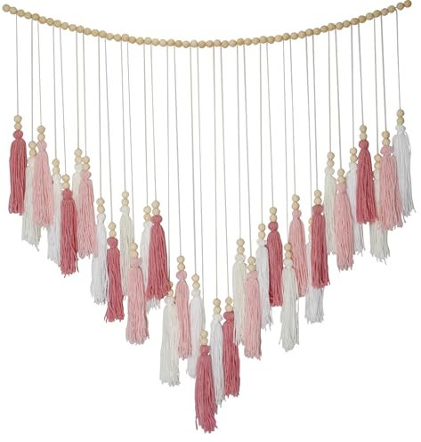 Blush Pink Tassel Modern Wall Hanging with Wood Bead, Boho Rose Gold Preppy Large Wall Garland for Classroom Birthday Wedding Girls Bedroom Nursery Living Roome Decor Hanging Photo Dispaly Wall Décor