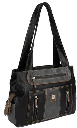 EAAKIE Damen Tasche, Schultertasche, Handtasche, Umhängetasche mit Leder Optik und vielen Fächern (SCHWARZ-GRAU)