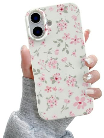 QLTYPRI for iPhone 16 Plus Case, Cute Pink Floral Flower Pattern Aesthetic Phone Case, Raised Camera Protection Soft Slim TPU Shockproof Protective Phone Cover for Girls Women - Pink