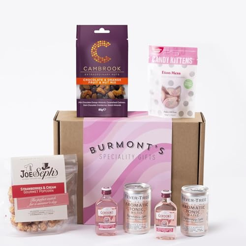 The Pink Gin & Tonic and Treats Hamper - Gordon's Gin Miniatures, Fever-Tree Tonics, Cambrook Chocolate Orange Fruit & Nut Mix, Joe & Seph's Popcorn & Candy Kittens - Hamper Exclusive To Burmont's