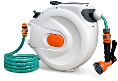 Triclicks Schlauchtrommel Wand-Schlauchbox 20/30M, Automatik Gartenschlauch 180°Swive, 8 in 1 Düse Wand montierte Schlauchtrommel, für Garten, Bewässerung im Freien, Auto- und Motorradreinigung (20M)