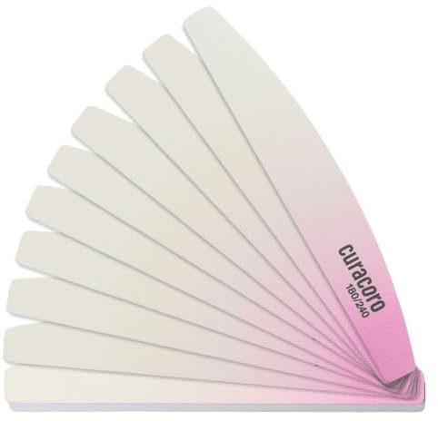 Curacoro 10 limas de uñas profesionales de media luna, tablero de esmeril de doble cara (grano 180/240), limas y pulidores de uñas lavables, suaviza y da forma a las uñas, herramientas de pulido de
