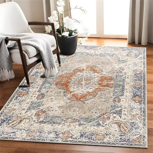 RUGMRZ Teppich Aussenbereich Balkon Bodenbelag Blauer Orientalischer Stil kleine rote Blumendekoration Antifouling Garten Ultra Soft Modern Area Rugs 90X190cm