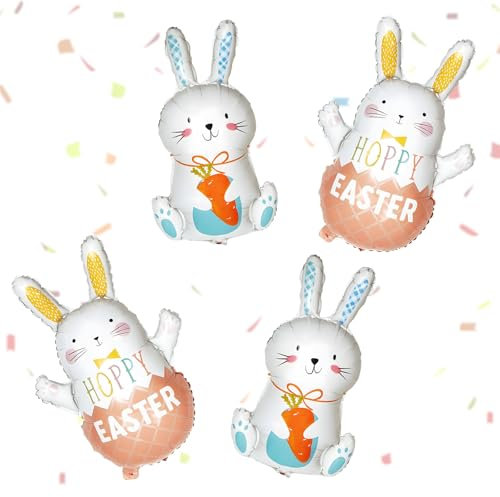4 x Oster-Luftballons, Osterhasen-Ballons, 76,2 cm, große Oster-Folienballons für Oster-Mottoparty, Ostern, Kaninchen, Geburtstagsparty, Zubehör, Dekorationen
