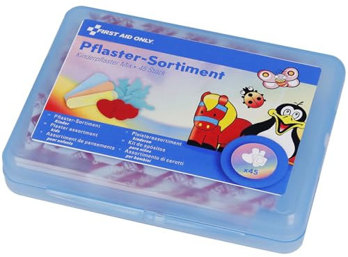 First Aid Only Children's Plaster Set 45 Pieces | Colourful Plaster Set for Kids | Plaster Box with Different Sizes and Designs | Gentle on The Skin | P-10069