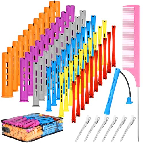68 Pcs Hair Perm Rods Set - 6 Sizes Plastic Cold Wave Rods with Rat Tail Combs Hair Styling Clips, Perming Rods for Long Short Natural Hair Hairdressing Tools