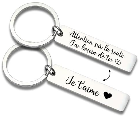 Porte-clés Voiture Gravé Homme Femme - Message Fais attention sur la route Recto Verso - Cadeau Personnalisé Saint-Valentin, Anniversaire, Noël, Mariage, Fiançailles, Fête des Mères, Fête des Pères