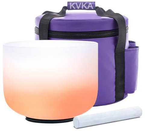 KVKA 432Hz 10 Inch D note Orange Gradient Design Frosted Quartz Crystal Singing Bowls with Carry Case Bag for Sound Healing and Therapy Meditation Navel Chakra Creativity