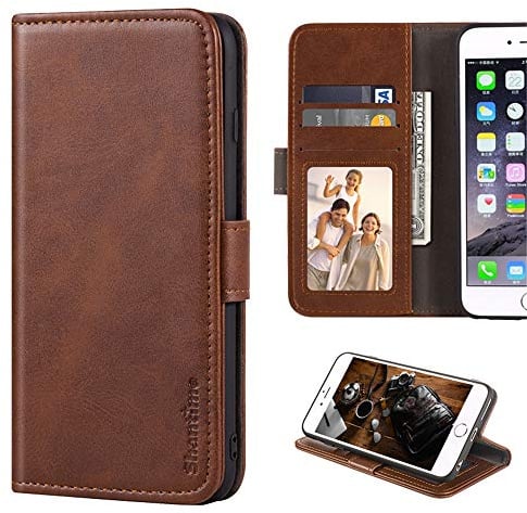 Shantime Stylish Leather Wallet Case Compatible with iPhone 4S, Magnetic Shockproof Flip Cover with Card Holders, Photo Frame and Kickstand(Dark Brown)