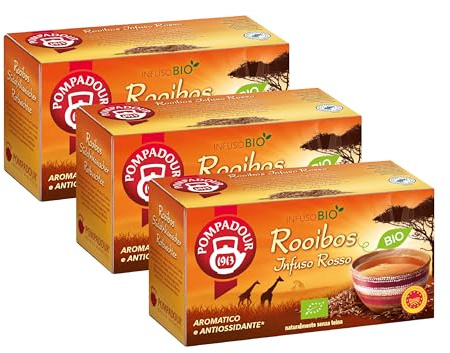 Pompadour, Infuso Rooibos BIO, 54 Filtri (3 Confezioni da 18 Filtri), Aromatico e Antiossidante, Certificato RFA, Senza Teina, Senza Lattosio, Glutine e Allergeni, Vegan