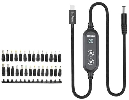 Cable de ajuste de energía inteligente de 100 W, fuente de alimentación rápida para portátiles USB tipo C a CC 5,5 mm, 5 V-20 V, voltaje de salida variable, cable de carga
