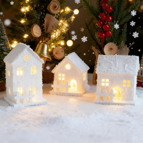 Akxlax Weihnachtsdorf mit Beleuchtung Timer Weihnachtsdeko Holz 3 Stück, Holzhaus Weiss Weihnachtsbaumdorf Weihnachtshaus Beleuchtet, Weihnachtsstadt Häuser, Weiß (A, Mit Timing)
