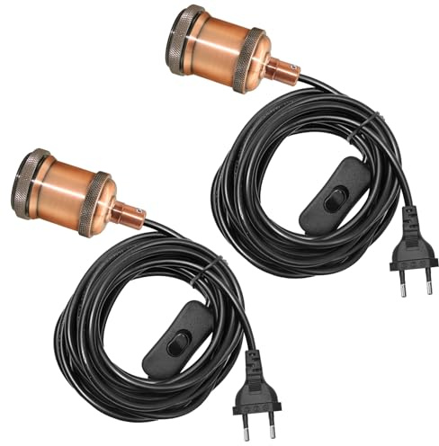 ZRLXFM 2 Stück E27 Lampenfassung mit Schalter und Stecker, Champagnerfarbe Metall Pendelleuchten mit 500 cm Kabel,für Lampenaufhängung DIY Lampen Deckenlampe