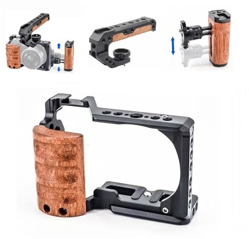 Camera Cage With Wooden Handle, Arca-Swiss Plate & Cold Shoe Compatible For Sony ZV-E10, Microphone Extension Rig(ZV-E10-Cage-GR-HD)