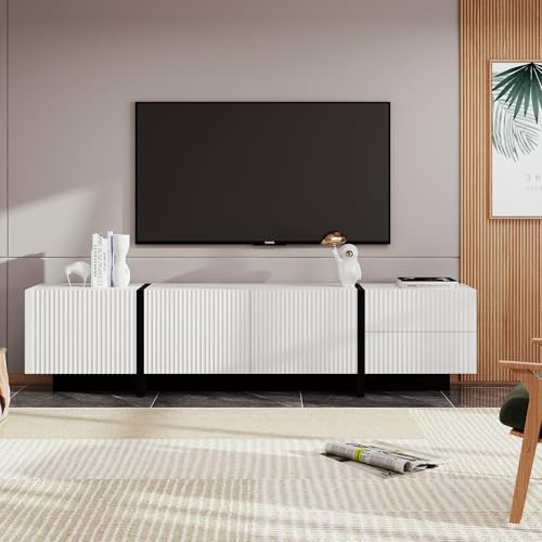 XJBTBA Grand Meuble TV, Meuble TV 190 cm avec 3 Portes 2 tiroirs, Tables TV pour Salon, Blanc Noir