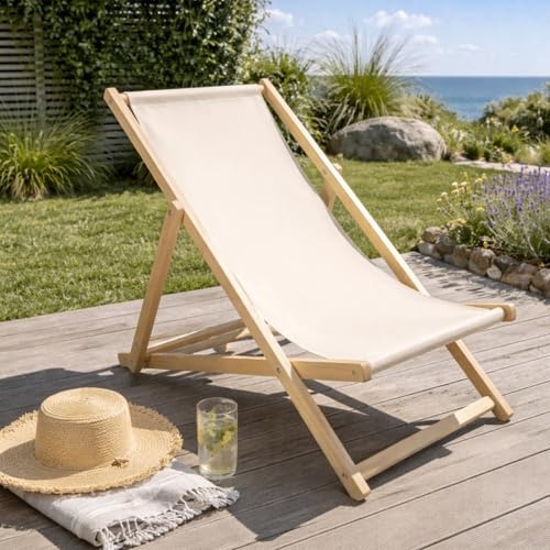 HAGO24 Strandliege Beige Sonnenliege Gartenliege Liegestuhl Klappstuhl Holz Kiefernholz Polyester 3fach verstellbar faltbar Balkon Terrasse 120kg