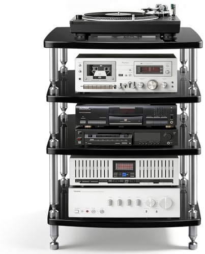 HiFi Rack aus Aluminiumlegierung Holz, 4-stufiger Plattenspieler Regal | AV Regal HiFi Ständer Audio Video Komponenten für Audioanlage, Stereoanlagen, Modern-Luxus-Design, 60 x 52 x 83.5cm